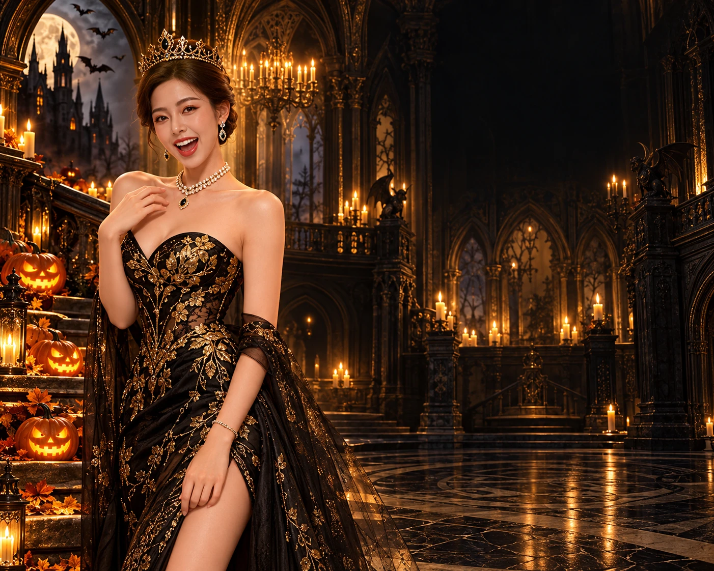 GEM55 spokesperson in a black and gold Halloween castle